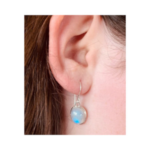 Earrings Silver: Oval Rainbow Moonstone Earrings set in Sterling Silver