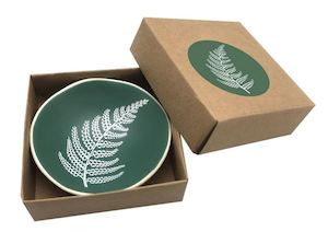 Ceramics: Jo Luping Design Porcelain Bowl with White Fern Design On Green