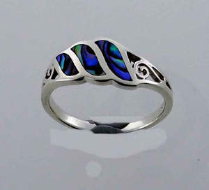 NZ Pāua Sterling Silver Ring with inlay & spirals