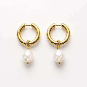 Earrings: Gold Plated Stainless Steel Freshwater Pearl Hoop Earrings