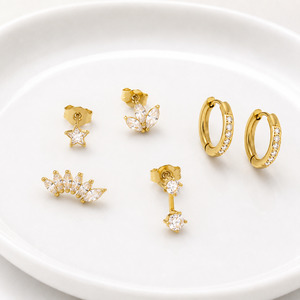 Earrings: Gold Plated Stainless Steel and Cubic Zirconia 6-Piece Earring Set.