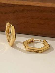 Earrings: Gold Plated Stainless Steel Hexagon Huggie Earrings