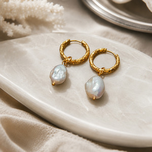 Earrings: Gold Plated Stainless Steel & Freshwater Pearl Hoop Earrings