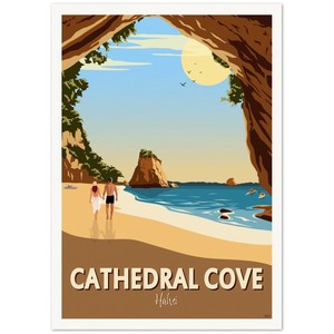 Art Prints: New Zealand Travel Poster - Cathedral Cove