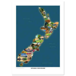 Art Prints: Aotearoa New Zealand Travel Poster Map - Blue