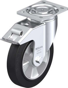 Heavy Duty Castors: 200mm Elastic Rubber - Swivel Plate & Brake- 500kg capacity