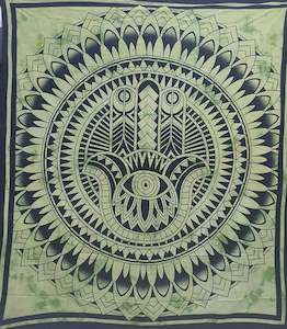 Tapestries: Green Hamsa Hand Mandala Tapestry Double