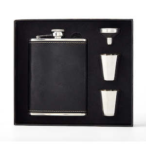 Black Leather covered stainless steel Hip Flask Gift Set