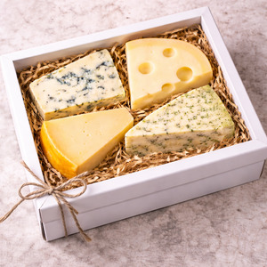All Delicious Cheeses: 4 Cheeses in a cheese box. Let us know whether you would like a blue cheese or no blue .