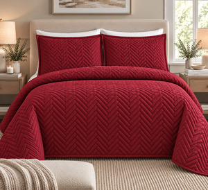 COTTON QUILTED HERRINGBONE BEDSPREAD SET - BARN RED