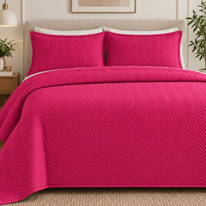 COTTON QUILTED HERRINGBONE BEDSPREAD SET - FUCHSIA