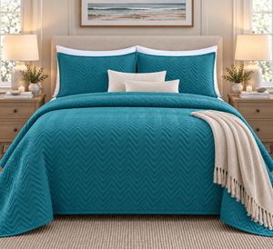 COTTON QUILTED HERRINGBONE BEDSPREAD SET - EMERALD