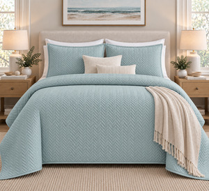 COTTON QUILTED HERRINGBONE BEDSPREAD SET - SURF SPRAY