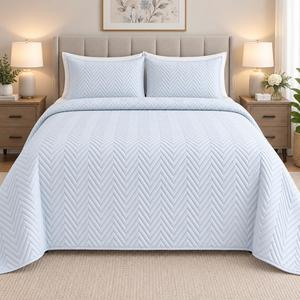 COTTON QUILTED HERRINGBONE BEDSPREAD SET - SKY BLUE