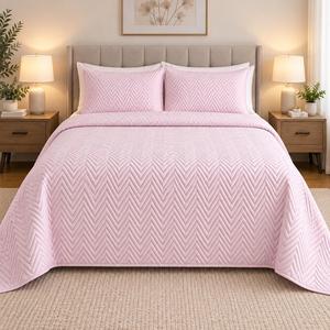 COTTON QUILTED HERRINGBONE BEDSPREAD SET - DUSTY PINK