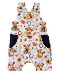 Shorty Rompers: Shorty romper - NEW floral highland cows