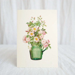 Sale: Hydrangea Ranger Card - Roses in green glass vase