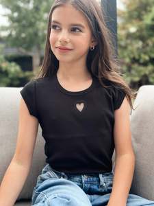 Tops: Luna Heart Ribbed Cap Sleeve Black