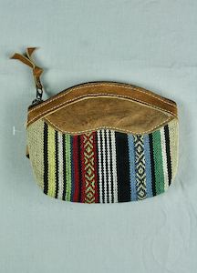 Wallets And Coin Purses: Woven Cotton and Buffalo Leather Coin Purse -Light Green Multi