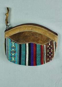 Woven Cotton and Buffalo Leather Coin Purse - Turquoise Multi
