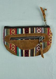 Wallets And Coin Purses: Woven Cotton and Buffalo Leather Pouch Purse -Red Brown Multi