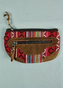 Woven Cotton and Buffalo Leather Pouch Purse - Red Multi