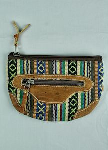 Woven Cotton and Buffalo Leather Pouch Purse -Green Black Multi