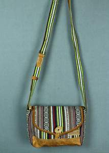 New: Cotton and Buffalo Leather Button Bag - Black/White/Green Multi