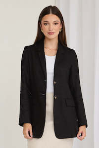 Womens Jackets Coats: RE:UNION LABEL ASTER BLACK LINEN BREASTED LONGLINE BLAZER