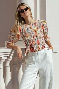 Womens Tops: IVY + JACK MELODIC SUNRISE MEADOW SHIRRED BODY SS TOP - SUNRISE MEADOW