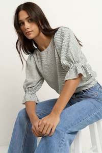 IVY + JACK LOVELY KHAKI STRIPE SHIRRED BACK SS TOP - KHAKI STRIPE