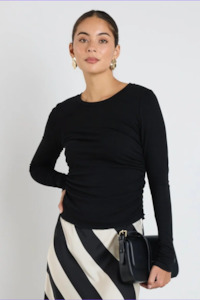 Womens Sale Apparel: AMONG THE BRAVE MUSTER BLACK STRETCH ROUCHED SIDE CREW TOP - BLACK