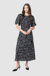 SEEKING LOLA SPARKLING DRESS - BLACK FLORAL SKETCH