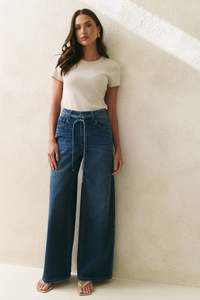 Womens Denim: STORIES BE TOLD COLLEGE DEEP BLUE WIDE LEG TIE BELT JEAN