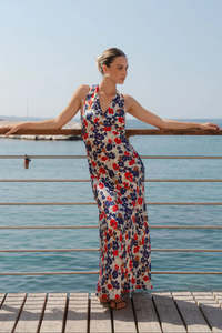 STORIES BE TOLD ASTON BLUE RED POPPY SATIN BIAS FLARED MAXI DRESS