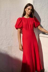 Womens Dresses: STORIES BE TOLD STAGE CHERRY PUFF SLEEVE FLOATY MAXI DRESS - CHERRY