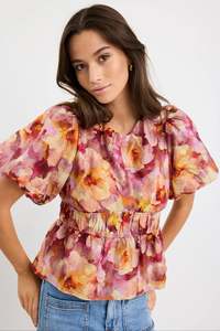 GEORGIA MAE PROVOKE PINK MULTI FLORAL BUBBLE SLEEVE TOP