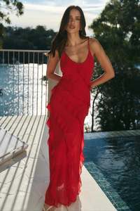 Womens Dresses: GEORGIA MAE GALORE FLAME BIAS RUFFLE SLIP MAXI DRESS