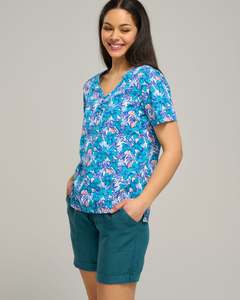 Womens Tops Tees: COTTON VEE BUTTON TOP