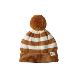 Alpine Pom Pom Beanie || Toffee Bold Stripe