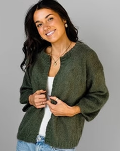 Alpaca Yarns 1412 Whisper Throw over Cardigan
