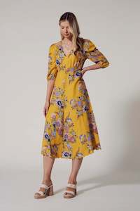 Dresses: Loobies Story: Gala Midi Dress. Gold Multi.