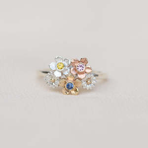 Mini Flower Bouquet Ring/ 9ct Gold and Silver, Sapphires