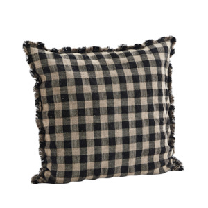 Stonewashed Cotton Checked cushion cover w/ fringes, Brown/Black