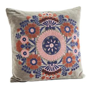 Velvet cushion cover w/ embroidery - Grey, old rose, blue, burnt orange, burgundy