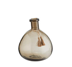 * SALE DISCOUNT 30% OFF Madam Stoltz Round Glass vase, brown w/tassels