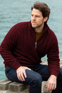 Noble Wilde: Noble Wilde 1/4 Zip Javelin Sweater in Port