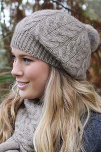 Hats Beanies 1: Lothlorian - Cable Beanie with Fur Pompom in Merino Wool and Possum Fur