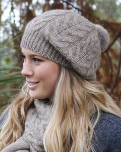 Accessories: RELAXED CABLE BEANIE WITH RABBIT FUR POMPOM