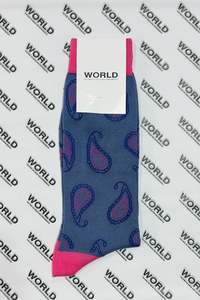 WORLD Italian Made Cotton Socks - Grey w/Pink Purple Paisley